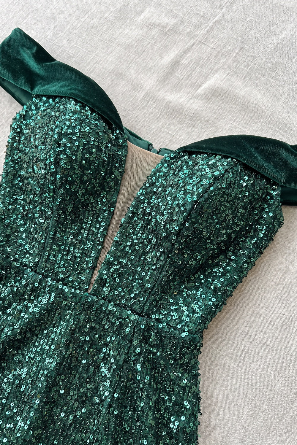 Emerald Green Sequin Mermaid Evening Gown with Off-the-Shoulder Velvet Bands emerald green sequined mesh evening gown - product view 7