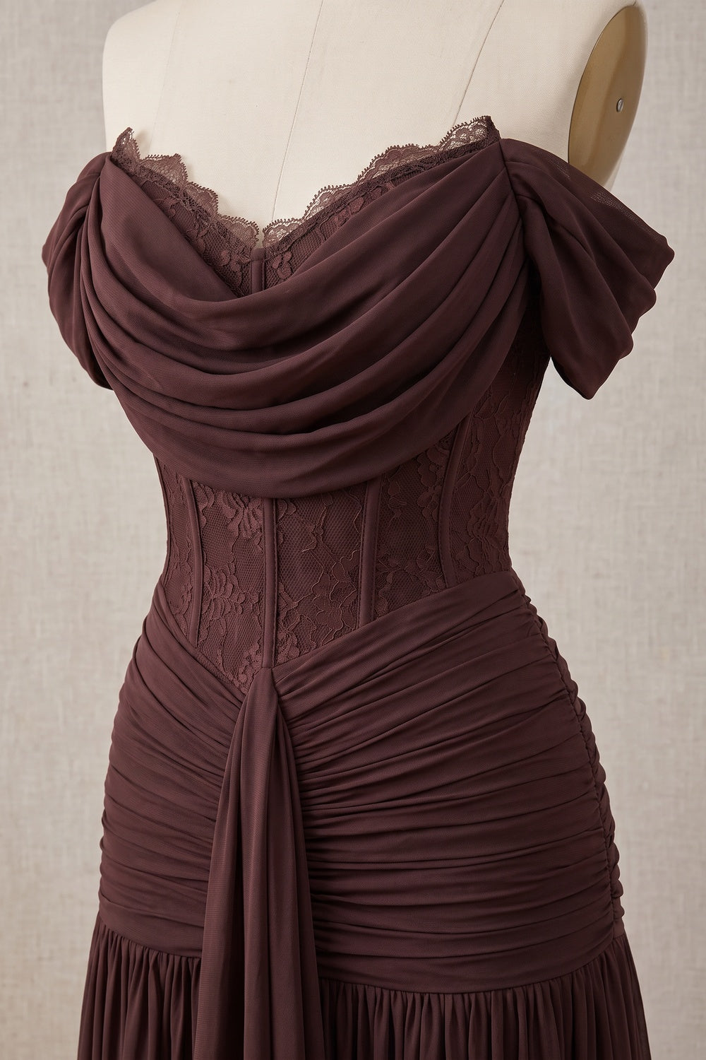 Chocolate Brown Chiffon Mesh Fitted Drop-Waist Gown chocolate brown chiffon mesh gown - product view 7