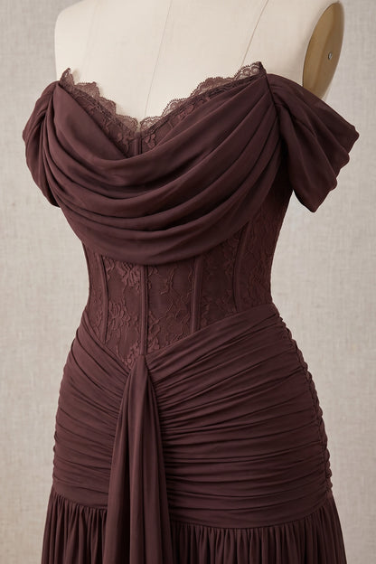 Chocolate Brown Chiffon Mesh Fitted Drop-Waist Gown chocolate brown chiffon mesh gown - product view 7