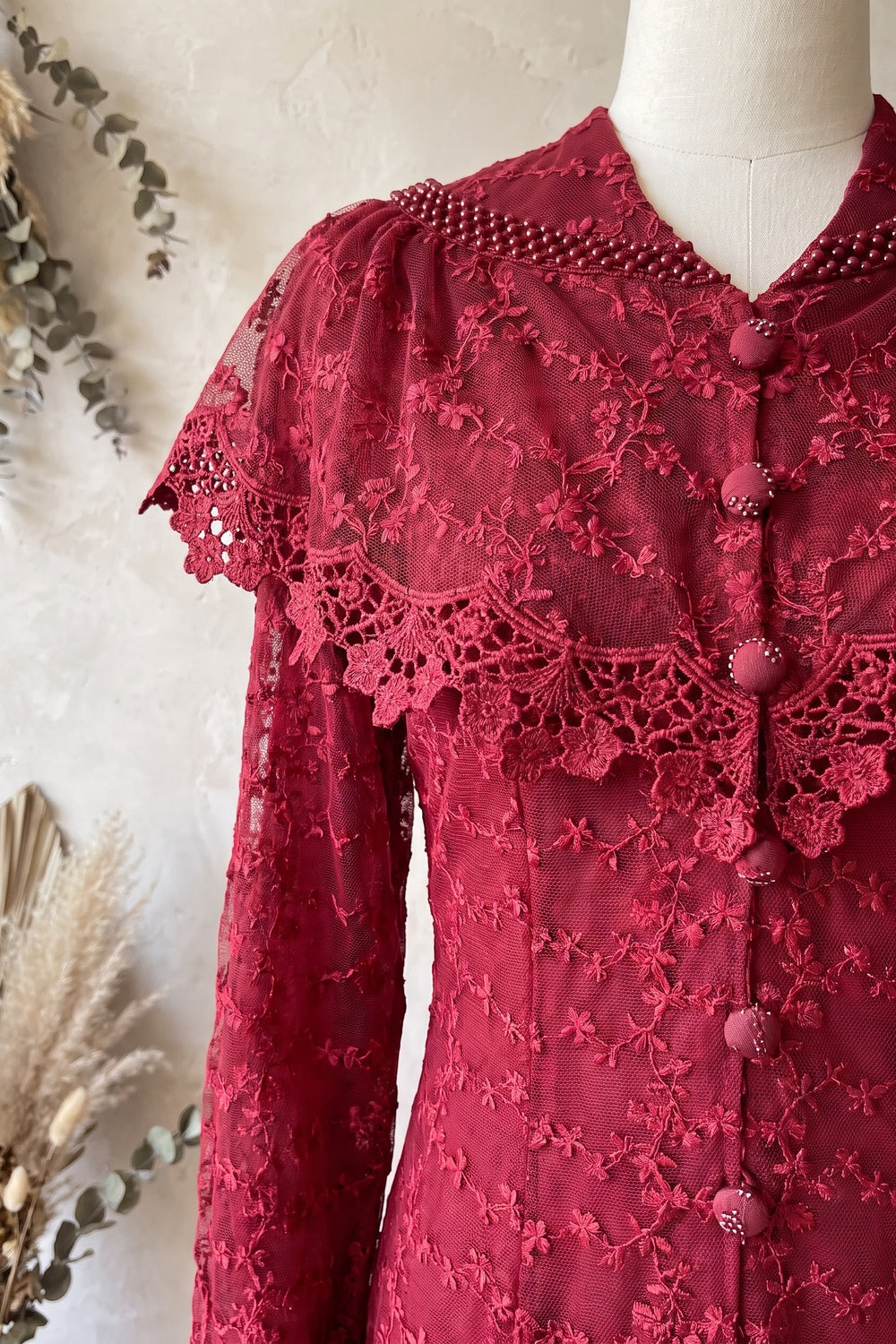 Deep Red Embroidered Floral Lace A-Line Midi Dress deep red embroidered floral lace overlay dress - product view 7
