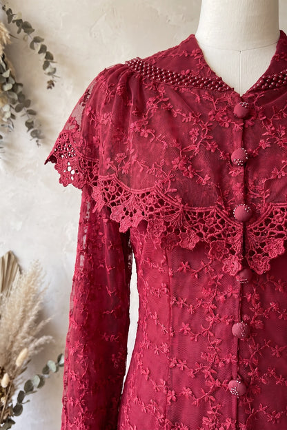 Deep Red Embroidered Floral Lace A-Line Midi Dress deep red embroidered floral lace overlay dress - product view 7