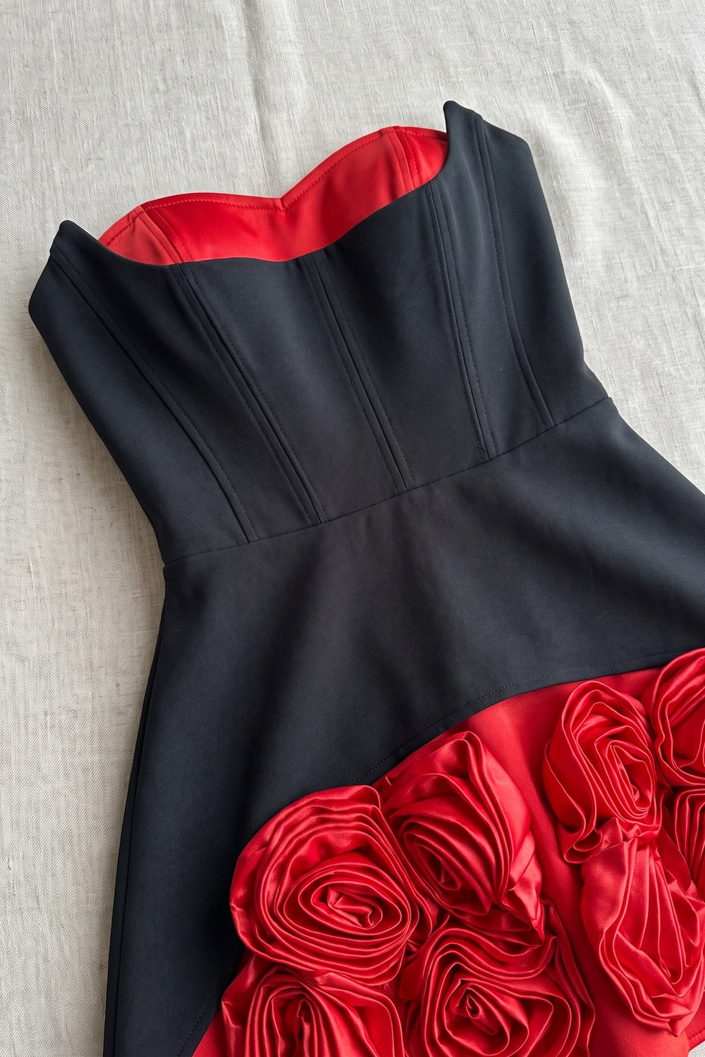 Black Structured Corset Mini Dress with 3D Red Satin Roses black structured matte woven fabric strapless mini dress - product view 7