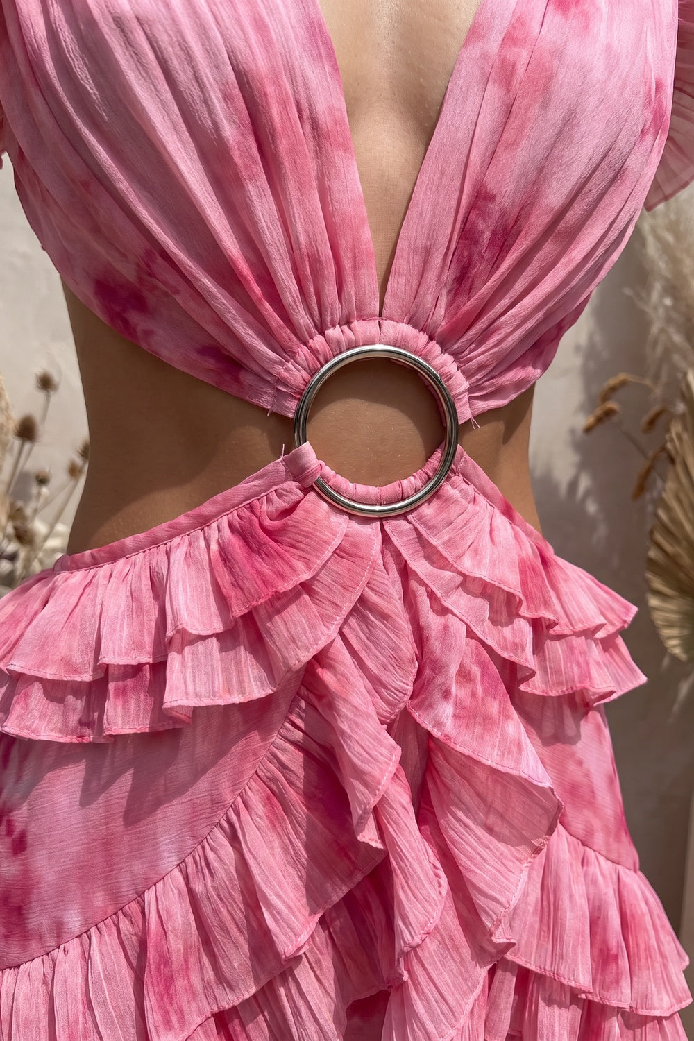 Pink Watercolor Chiffon A-Line Gown with Waist Cut-Outs pink chiffon gown - product view 7