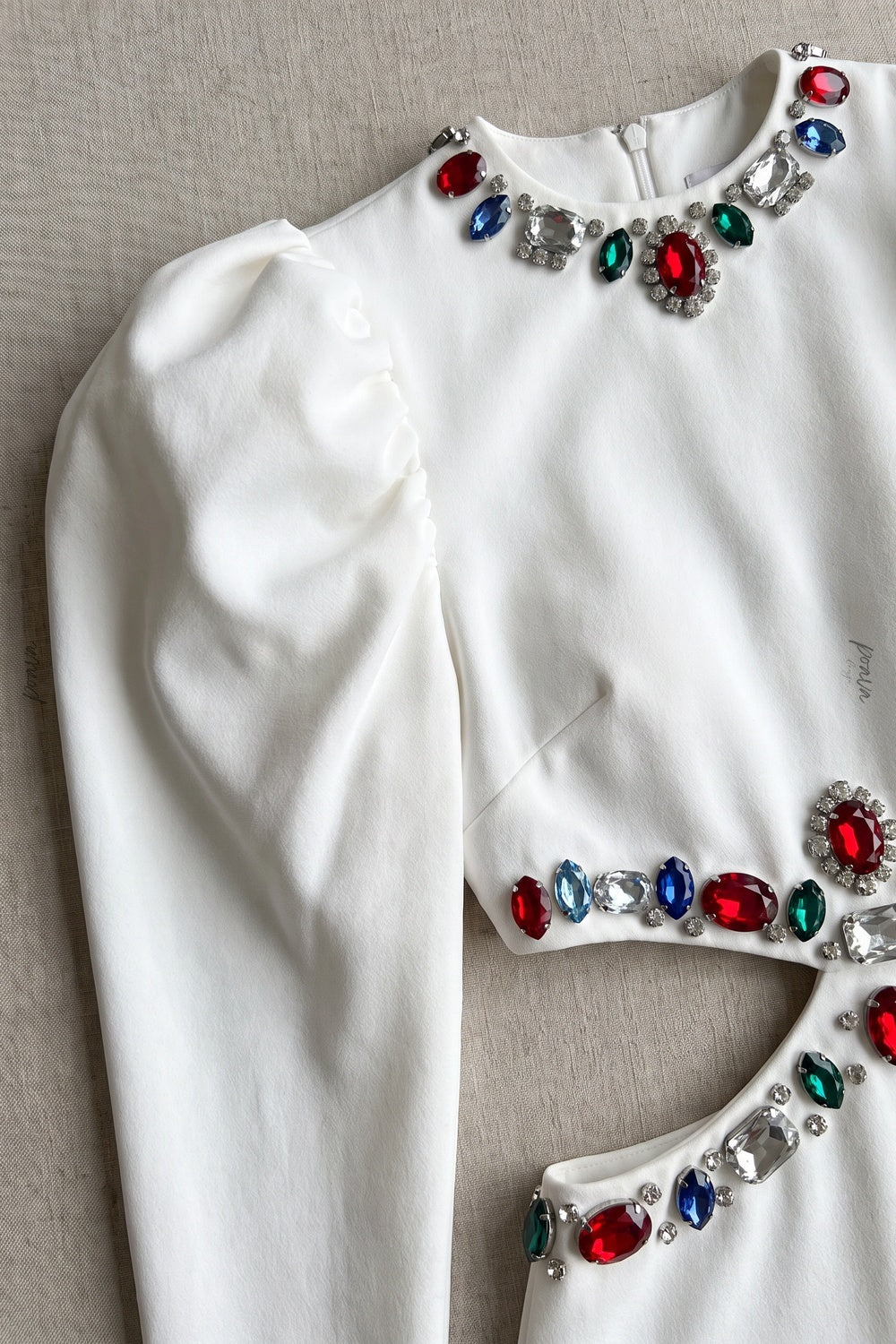 White Heavy Crepe Column Maxi Dress with Puff Shoulders and Crystal Cutouts white heavy crepe maxi dress - product view 7