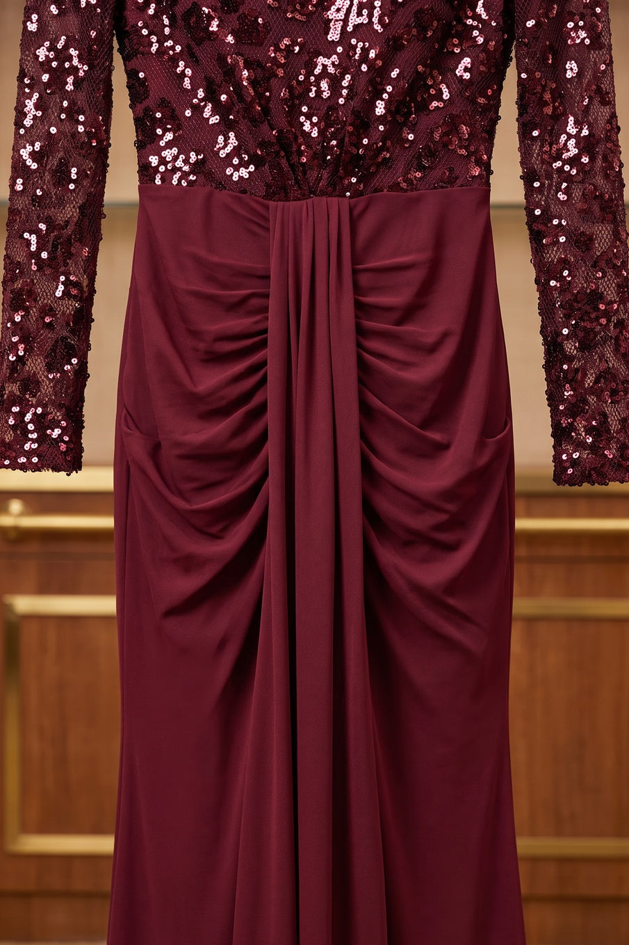 burgundy sequined mesh column evening gown burgundy sequined mesh evening gown - product view 7