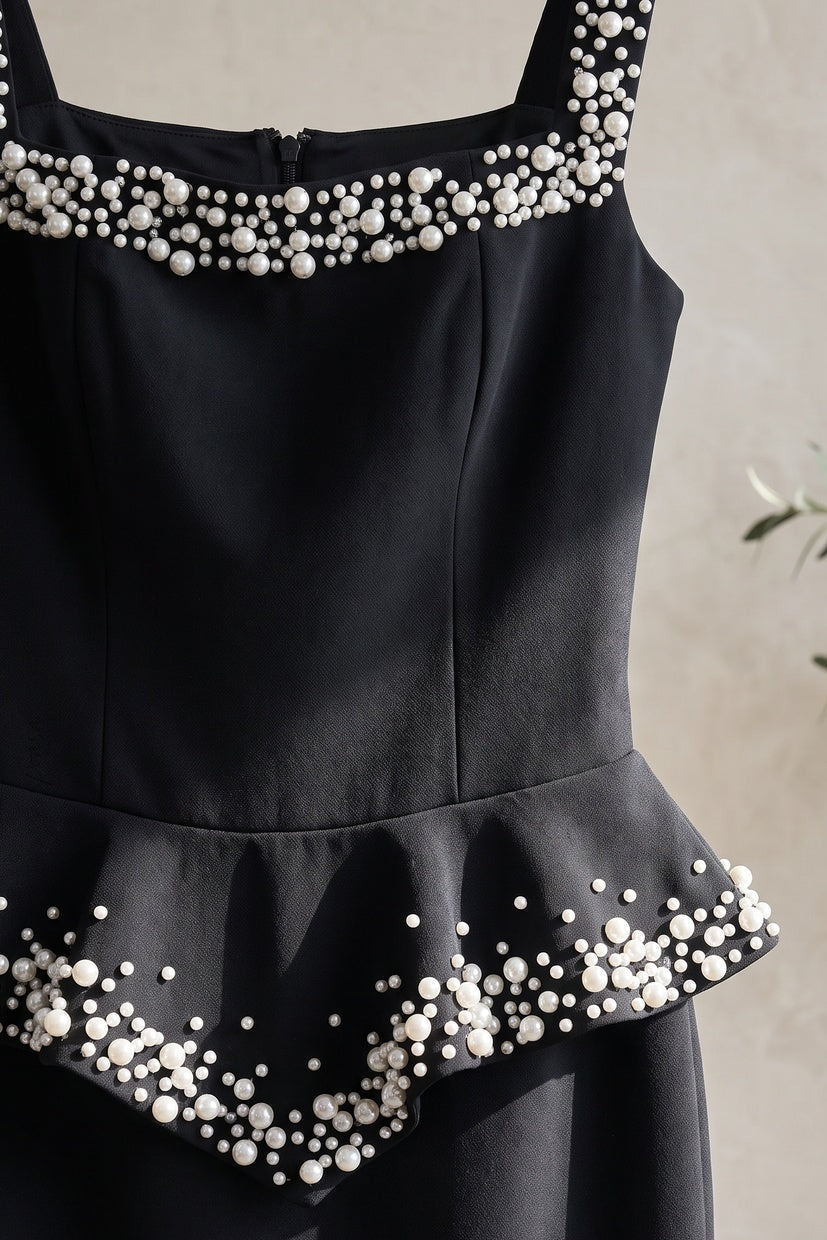 Black Heavy Crepe Column Gown with Structured Peplum and Pearl Embellishments black heavy crepe gown - product view 7