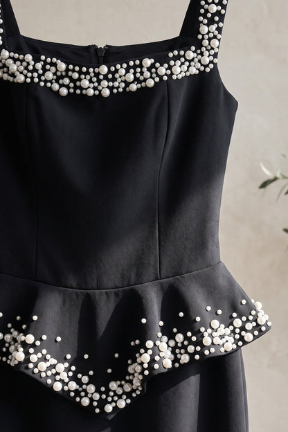 Black Heavy Crepe Column Gown with Structured Peplum and Pearl Embellishments black heavy crepe gown - product view 7