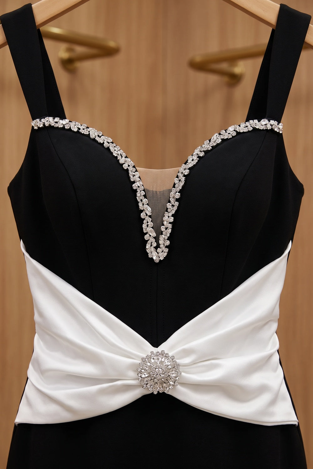 Black Stretch Crepe Column Evening Gown with White Satin Waist black heavy stretch crepe evening gown - product view 7