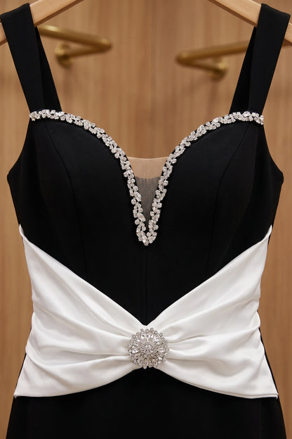 Black Stretch Crepe Column Evening Gown with White Satin Waist black heavy stretch crepe evening gown - product view 7