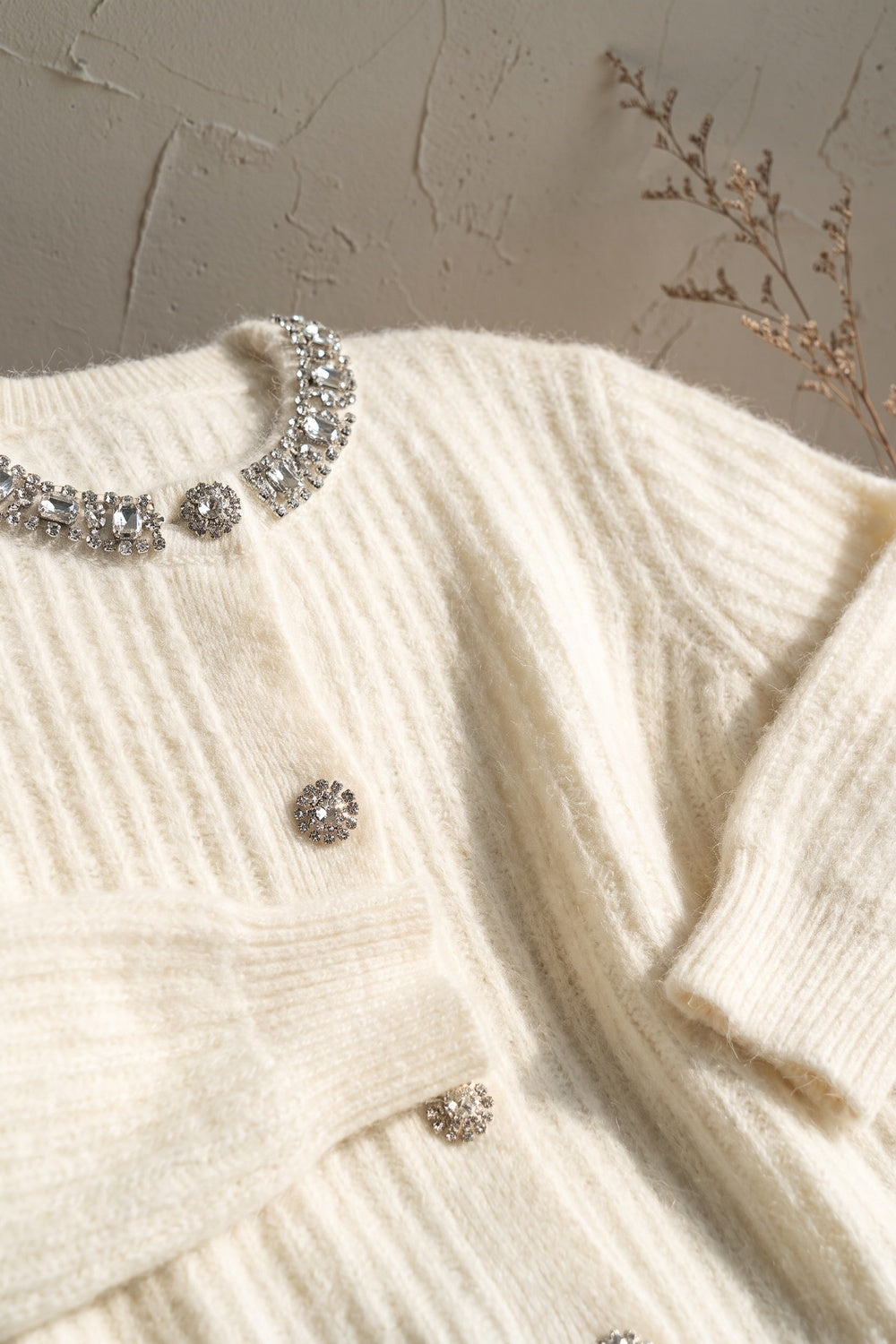 Off-White Fuzzy Knit Cardigan & Midi Skirt Set with Crystal Neckline Trim Off-white, Cream Fuzzy knit (mohair or angora blend) Two-piece knit set (cardigan and skirt) - product view 7