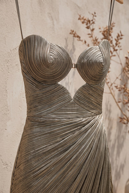 Antique Gold Metallic Plissé Lamé Column Gown antique gold, bronze metallic plissé lamé gown - product view 7