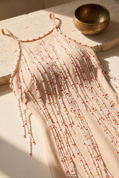 Beige Stretch Crepe Bodycon Mini Dress with Beaded Fringe beige stretch crepe dress - product view 7