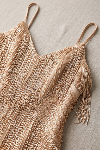 Champagne Gold Metallic Thread Fringe A-Line Dress champagne gold metallic thread fringe dress - product view 7