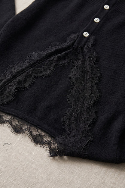 Black Fine Knit Fitted Cardigan with Lace Trim black fine knit cardigan - product view 7
