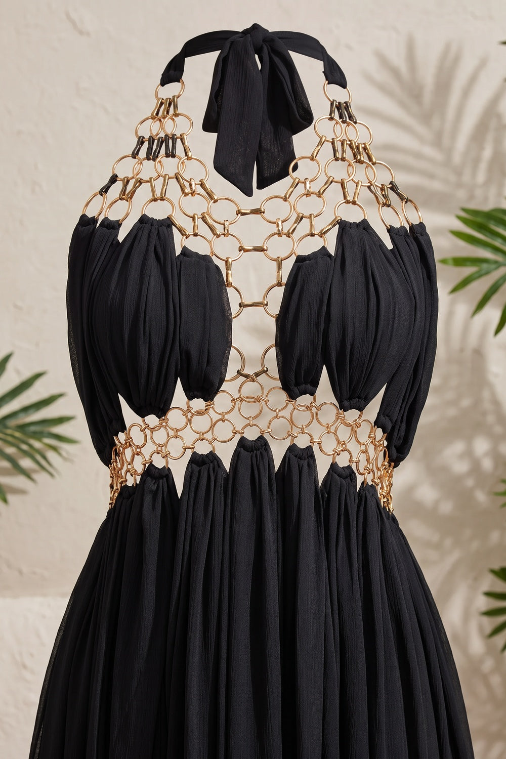 Black Chiffon A-Line Halter Evening Gown black chiffon evening gown - product view 7