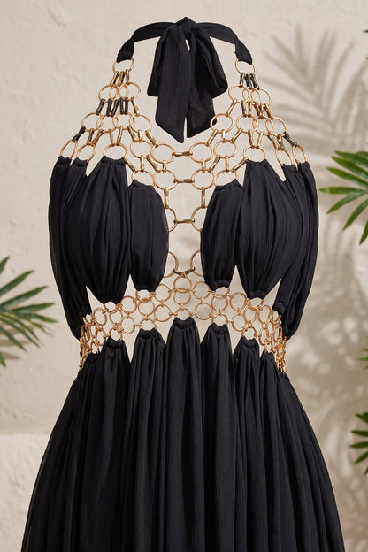 Black Chiffon A-Line Halter Evening Gown black chiffon evening gown - product view 7