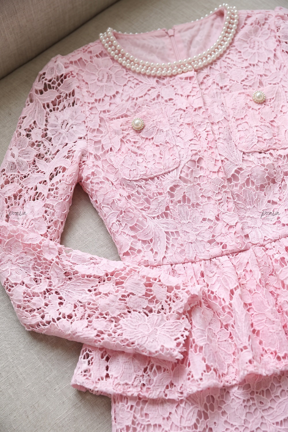 Light Pink Floral Lace Two-Piece Peplum Top and Midi Pencil Skirt Set light pink floral lace two-piece skirt set - product view 6