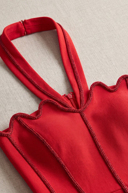 Red Heavy Knit Sheath Dress with Scalloped Halter red heavy knit dress - product view 7