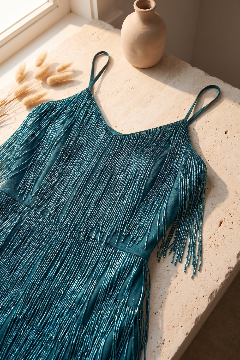 teal metallic fringe fitted shift dress teal metallic fringe dress - product view 7