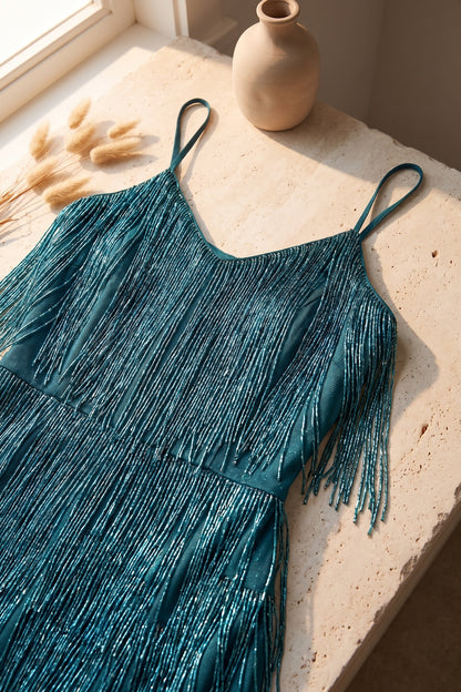 teal metallic fringe fitted shift dress teal metallic fringe dress - product view 7