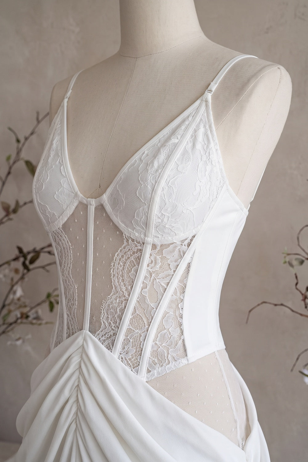 White Crepe Maxi Dress with Corset Lace Bodice and Draped Skirt white crepe maxi dress - product view 7