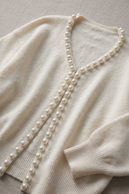 Cream Fine Knit Boxy Cropped Cardigan with Pearl Trim cream, off-white fine knit cardigan - product view 7