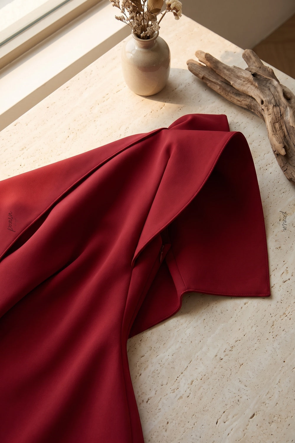 Deep Red One-Shoulder Sculptural Draped Mini Dress deep red heavy structured crepe or double-faced satin mini dress - product view 6