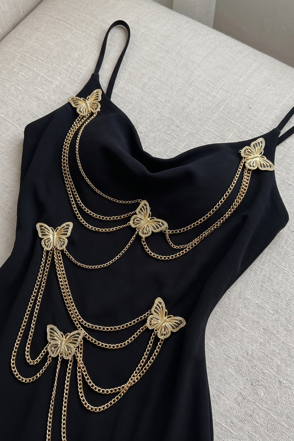 Black Heavy Knit Crepe Column Maxi Dress with Gold Butterfly Embellishment black heavy knit crepe maxi dress - product view 7