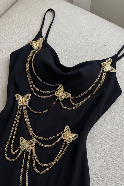 Black Heavy Knit Crepe Column Maxi Dress with Gold Butterfly Embellishment black heavy knit crepe maxi dress - product view 7