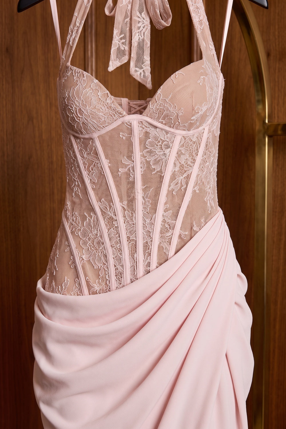 pale pink crepe draped column with corset bodice gown pale pink crepe gown - product view 7