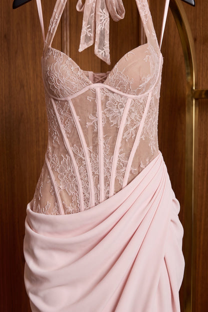pale pink crepe draped column with corset bodice gown pale pink crepe gown - product view 7