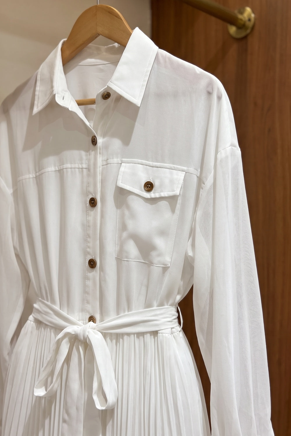 White Semi-Sheer Chiffon Pleated Shirt Dress white semi-sheer chiffon pleated shirt dress - product view 7