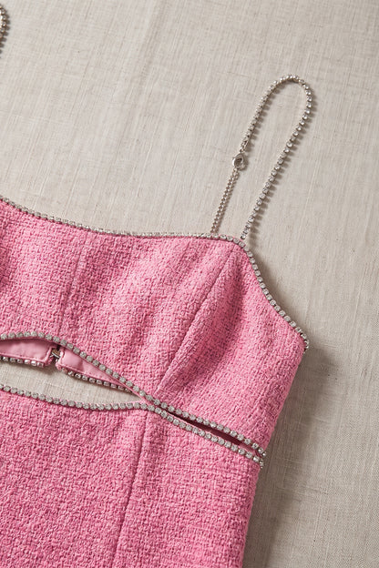 Pink Tweed Sheath Mini Dress with Rhinestone Cutout and Feather Trim pink tweed mini dress - product view 7