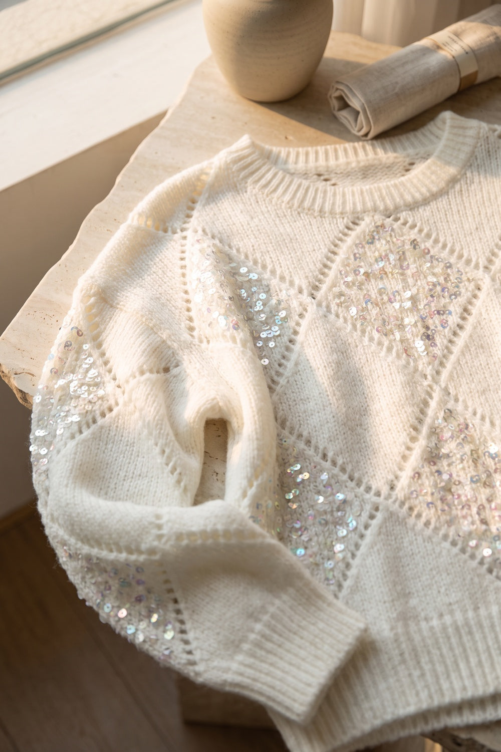 White Textured Knit Relaxed Sweater with Diamond Sequin Panels white textured knit sweater - product view 7