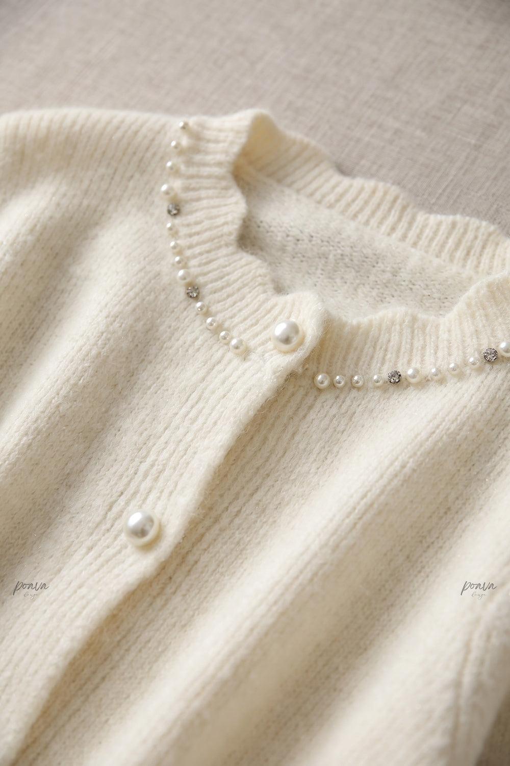 Cream Fuzzy Knit Wool Blend Peplum Cardigan with Lace Hem cream, ivory fuzzy knit wool blend cardigan - product view 7