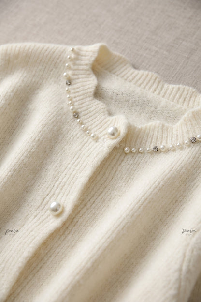 Cream Fuzzy Knit Wool Blend Peplum Cardigan with Lace Hem cream, ivory fuzzy knit wool blend cardigan - product view 7