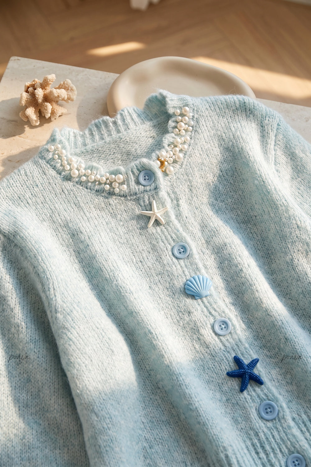 Light Blue Fuzzy Mohair-Blend Cropped Cardigan light blue fuzzy mohair-blend knit cardigan - product view 7
