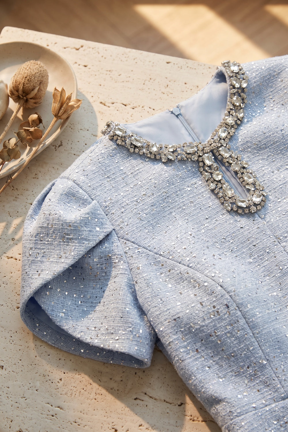 Light Blue Tweed Mini Dress with Crystal Neckline light blue tweed dress - product view 7