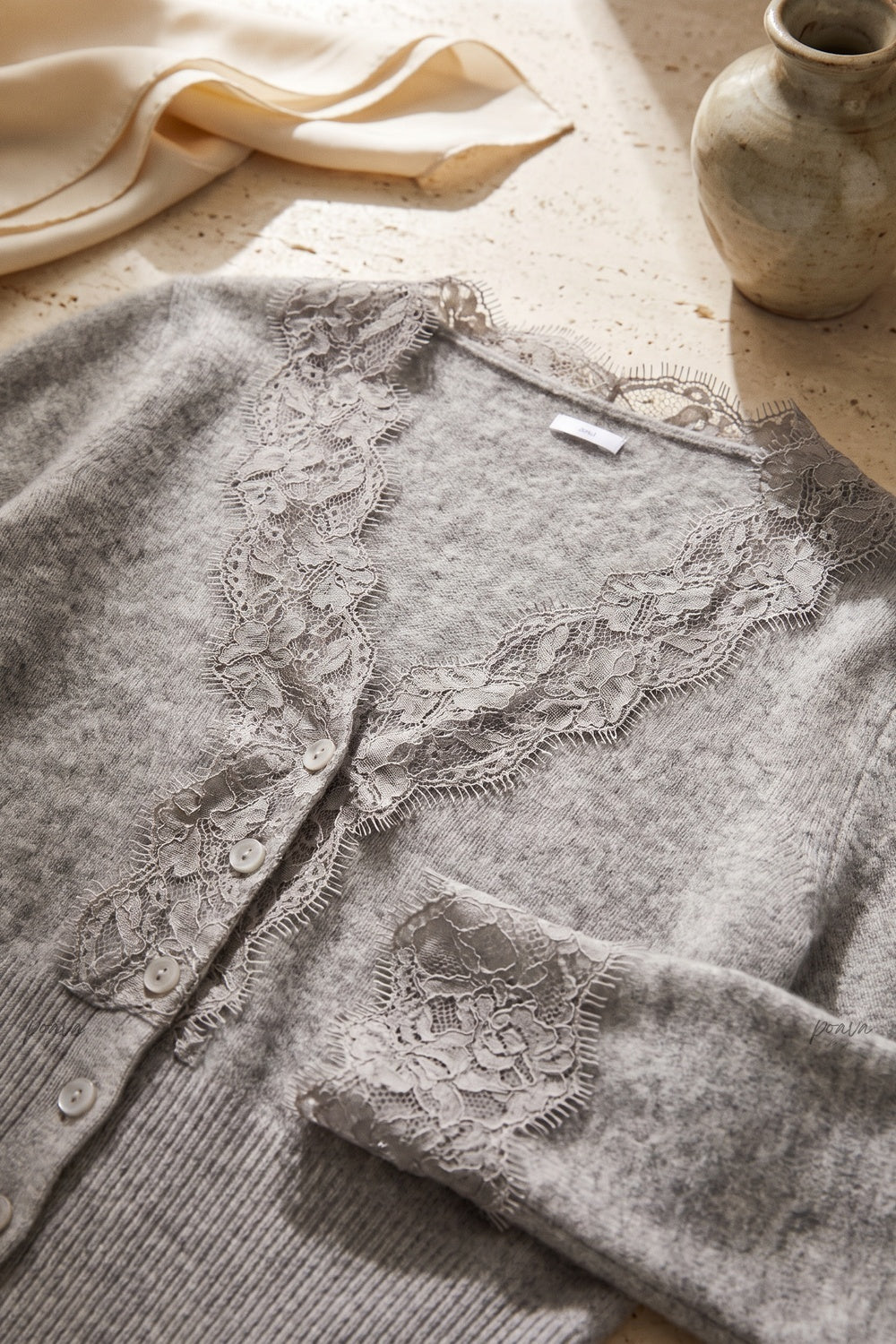 Heather Grey Fine-Knit Cardigan with Delicate Lace Trim heather grey fine knit, likely cashmere or wool blend cardigan - product view 7
