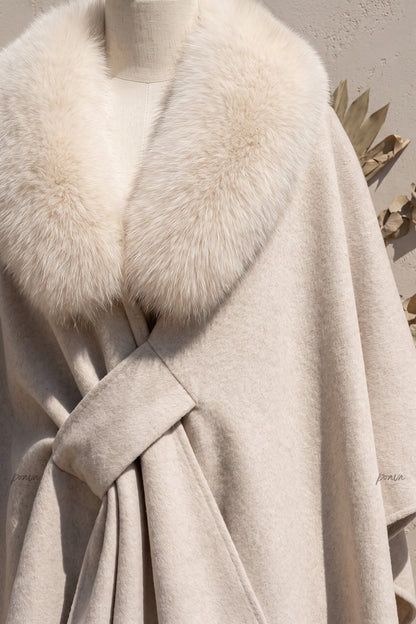 Cream Brushed Wool Blend Draped Wrap Cape Cream, Beige Brushed wool or cashmere blend Cape - product view 7