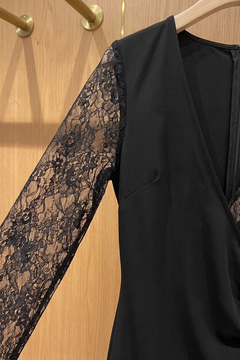 Asymmetrical Wrap Maxi Dress in Black Opaque Crepe with Floral Lace Panels black opaque black crepe dress - product view 7
