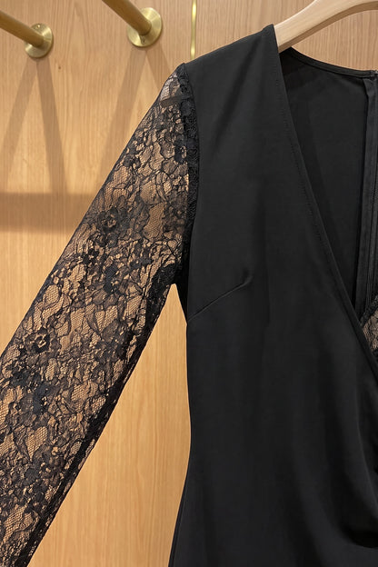 Asymmetrical Wrap Maxi Dress in Black Opaque Crepe with Floral Lace Panels black opaque black crepe dress - product view 7