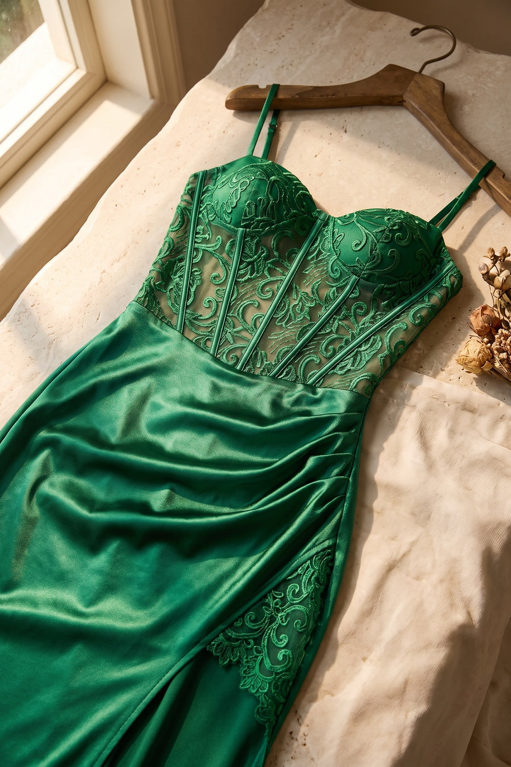Emerald Green Satin Sheath Evening Gown with High Slit emerald green satin evening gown - product view 7