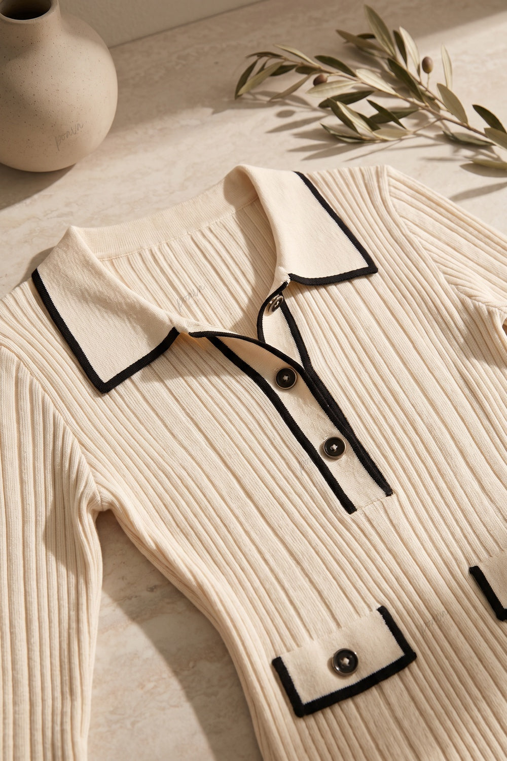 Cream Ribbed Knit Column Dress with Black Contrast Trim cream ribbed knit dress - product view 7