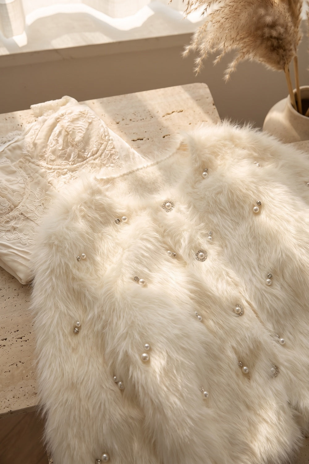 Off-White Faux Fur Shaggy Knit Cardigan With Pearl Embellishments off-white, cream faux fur / shaggy knit cardigan - product view 7