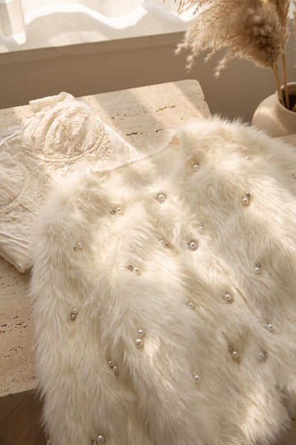 Off-White Faux Fur Shaggy Knit Cardigan With Pearl Embellishments off-white, cream faux fur / shaggy knit cardigan - product view 7