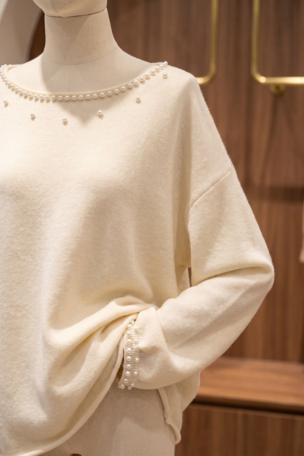 Relaxed Cream Knit Sweater with Pearl Bead Embellishments cream, off-white fine-gauge knit sweater - product view 7