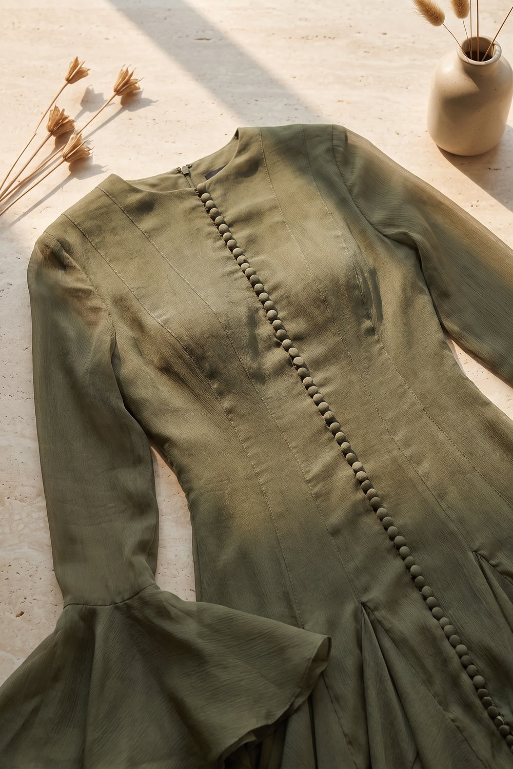 Olive Green Sheer Chiffon Fit-and-Flare Midi Dress olive green sheer chiffon dress - product view 7