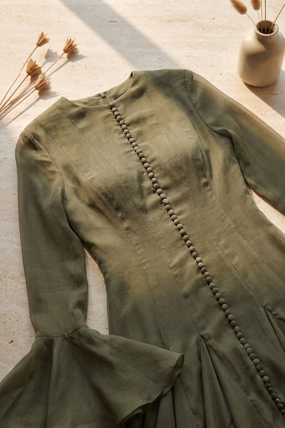 Olive Green Sheer Chiffon Fit-and-Flare Midi Dress olive green sheer chiffon dress - product view 7