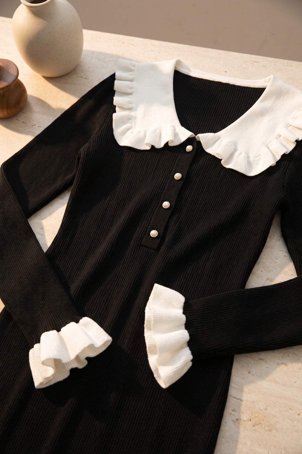 Black Ribbed Knit Mermaid Dress with White Ruffled Collar black ribbed knit dress - product view 7